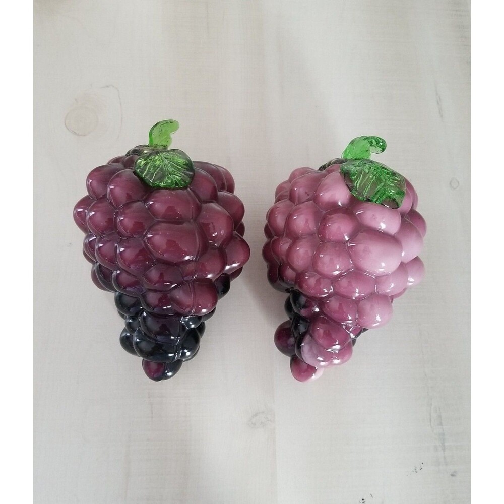 VintageLot of 2 Murano Style Blown Glass Purple Grapes Applied Green Leaf & Stem